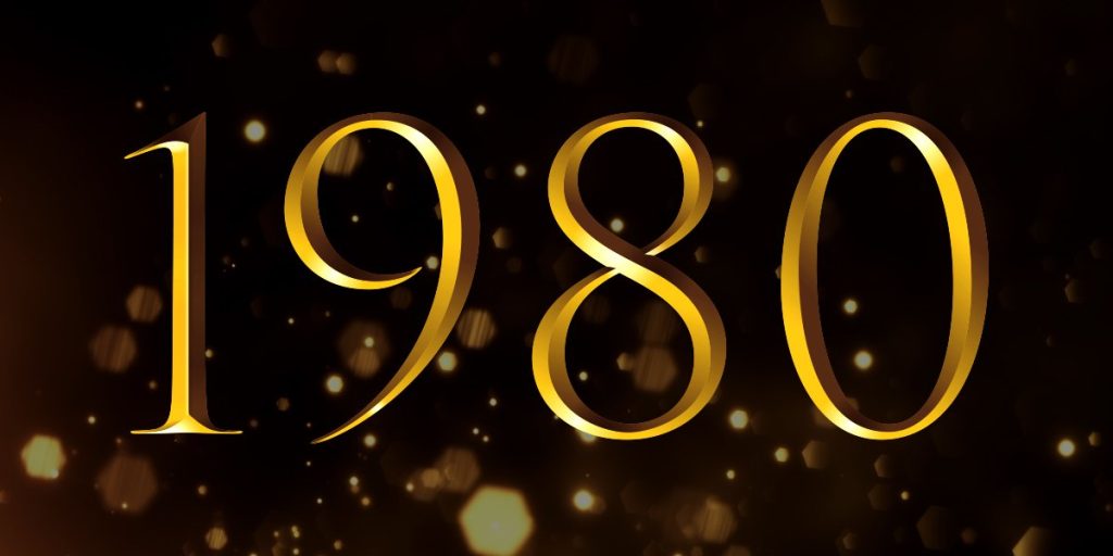 Golden "1980" text on a black background, surrounded by shimmering golden particles, celebrating the Olivier Winners.