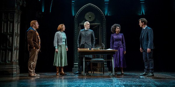 Thomas Aldridge (Ron Weasley), Susie Trayling (Ginny Potter), James Howard (Draco Malfoy), Michelle Gayle (Hermione Granger) and Jamie Ballard (Harry Potter) in the West End Production of Harry Potter And The Cursed Child (Photo: Johan Persson)