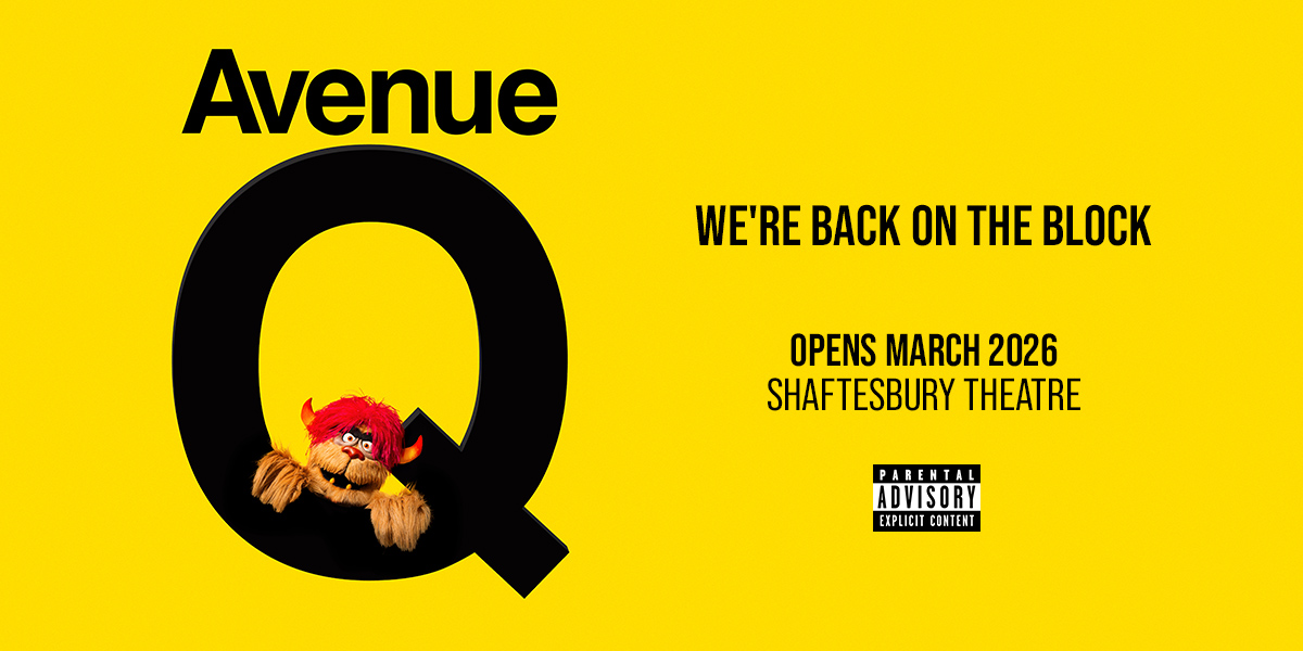 Bright yellow poster for "Avenue Q," featuring a puppet with red hair and text about the show.