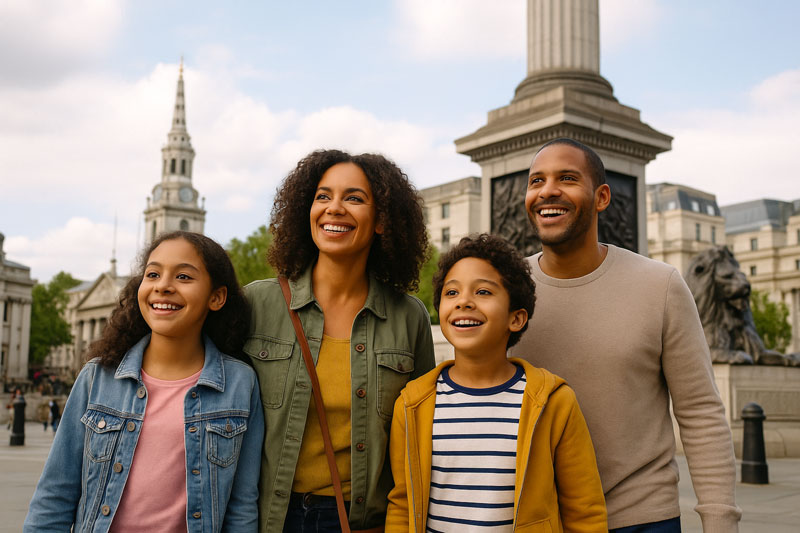 A diverse family sits together on a sofa, smiling and watching a television screen in a cosy living room.