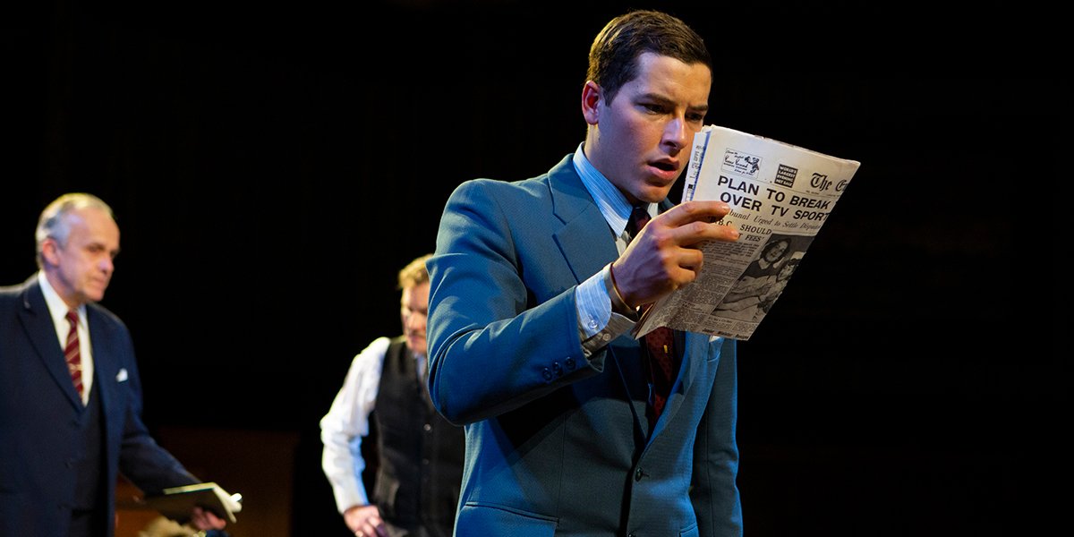 Taz Skylar as Leonard Vole and the cast of Witness for the Prosecution. Photo by Ellie Kurttz.