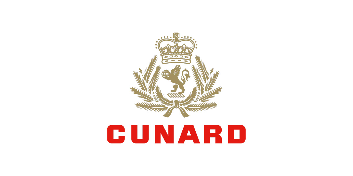 Cunard logo featuring a gold crown and lion, surrounded by laurel leaves, with "CUNARD" in red.