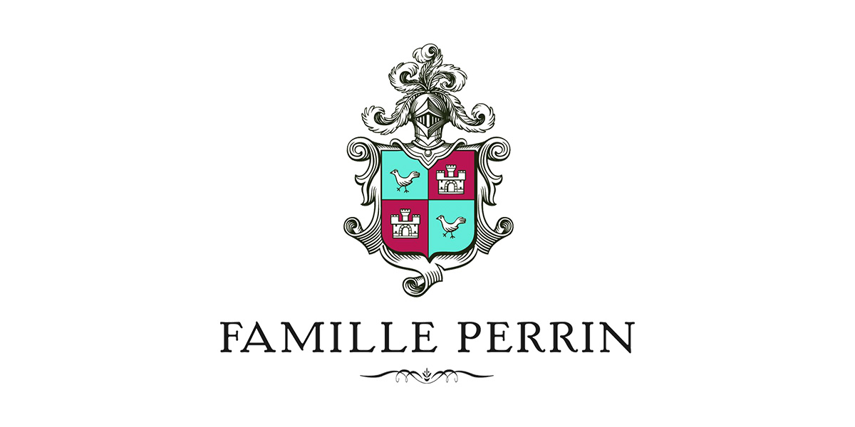 Logo of Famille Perrin featuring a shield with four sections, ornate detailing, and elegant typography below.